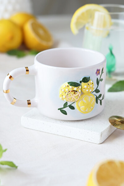 ada mia seramik El Yapımı Limon Figürlü 24K Altın Dekorlu Seramik Mug 200ml