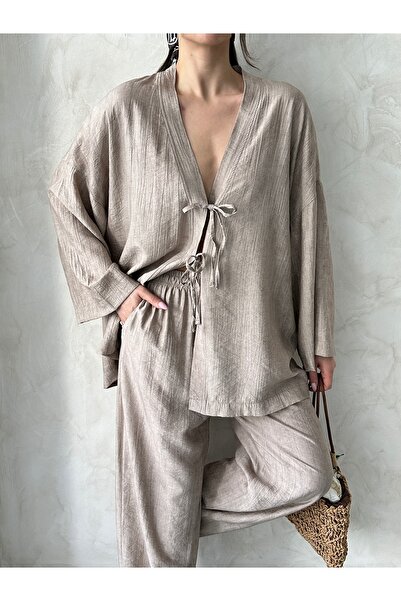 MD trend Women's Lace-Up Kimono - Pants Set