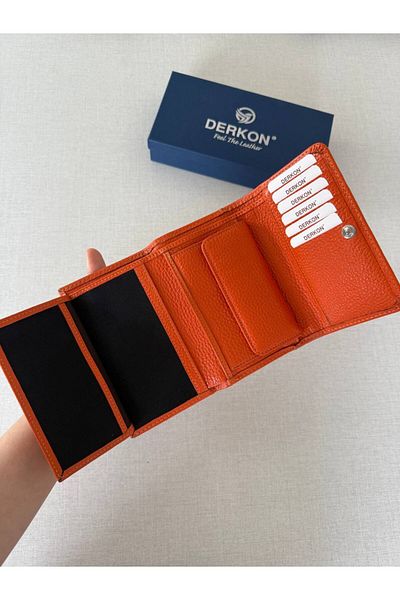 DERKON Medium Size Genuine Leather Women's Wallet Orange