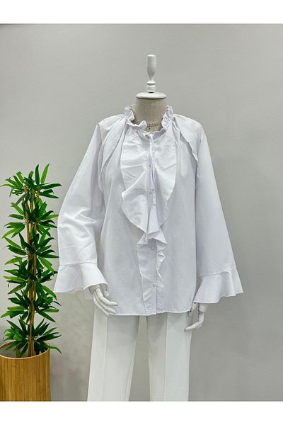 JESSE STORY Women's Flounced Sleeve Ruffled Collar Shirt