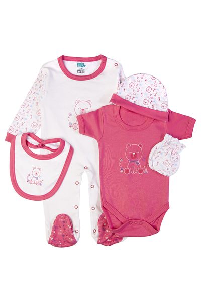 Babies Basic 5 piece New Born Set include Bib, Romper, Mittens, Cap, Sleepsuit- Teddy, Red