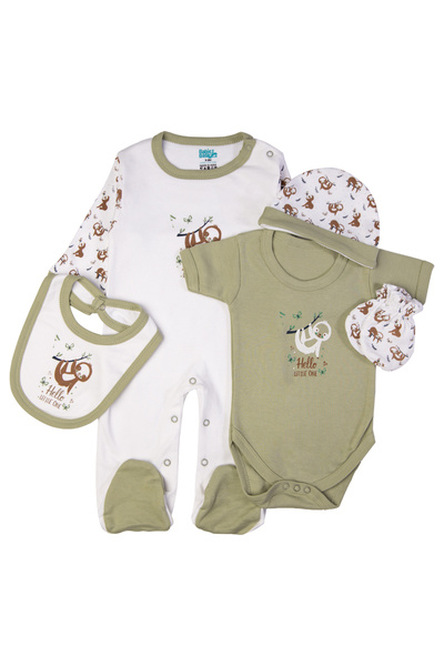 Babies Basic 5 piece New Born Set include Bib, Romper, Mittens, Cap, Sleepsuit- Hello Little One