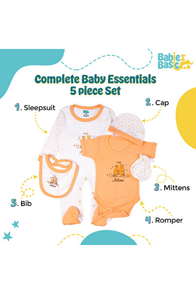 Babies Basic 5 piece New Born Set include Bib, Romper, Mittens, Cap, Sleepsuit- Hello Autumn, Pink