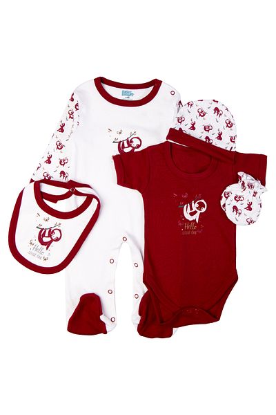 Babies Basic 5 piece New Born Set include Bib, Romper, Mittens, Cap, Sleepsuit- Hello Little One,Red