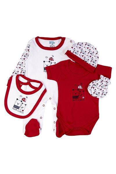Babies Basic 5 piece New Born Set include Bib, Romper, Mittens, Cap, Sleepsuit- Rain, Red