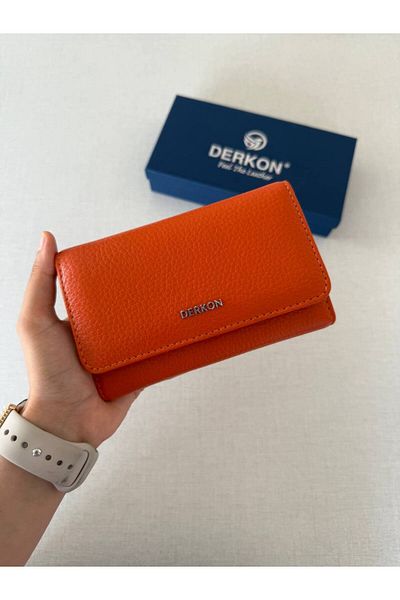 DERKON Medium Size Genuine Leather Women's Wallet Orange