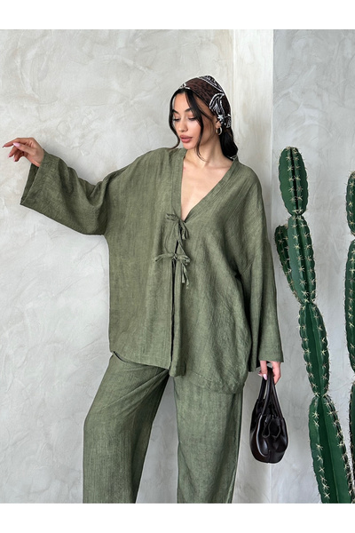 MD trend Women's Lace-Up Kimono - Pants Set