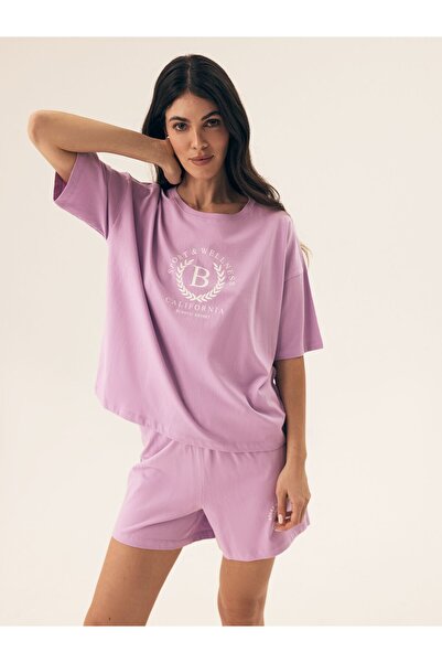 ESOTIQ BLOOVII Set pijamale pentru femei, format din două piese, tricou și pantaloni scurți, 100% bumbac, stil universitar | Miezul nopții