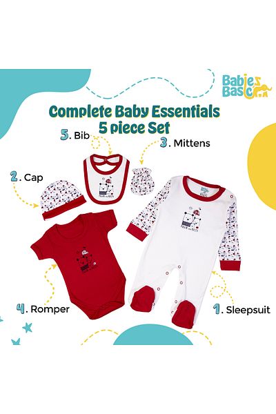 Babies Basic 5 piece New Born Set include Bib, Romper, Mittens, Cap, Sleepsuit- Rain, Red