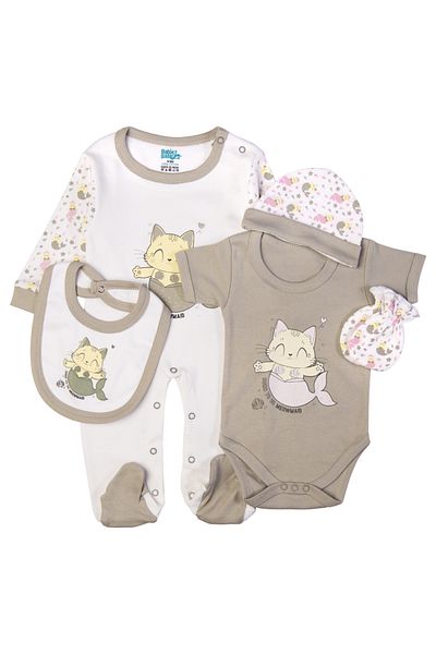 Babies Basic 5 piece New Born Set include Bib, Romper, Mittens, Cap, Sleepsuit- Meowmaid, Grey