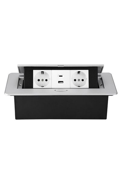 ATOMKIT Built-in socket with countertop, 2 EU inputs, USB-A and USB-C, 2.1A, Lift button, Silver