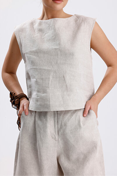 COLLECTİON Sara %100 Keten Kolsuz Üst Ile Şort Kombin