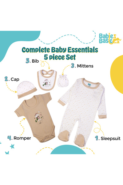 Babies Basic 5 piece New Born Set include Bib, Romper, Mittens, Cap, Sleepsuit- Be Brave, Beige