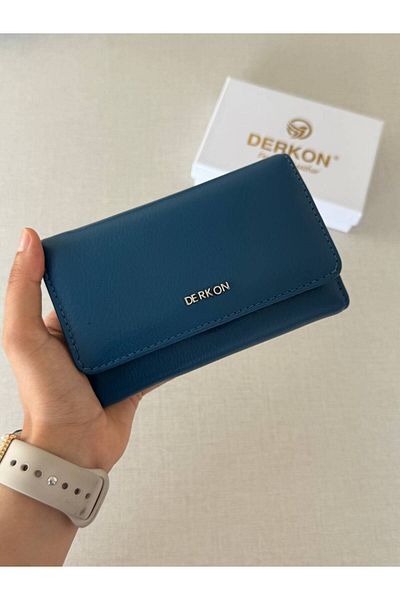 DERKON Medium Size Genuine Leather Women's Wallet Petrol Blue