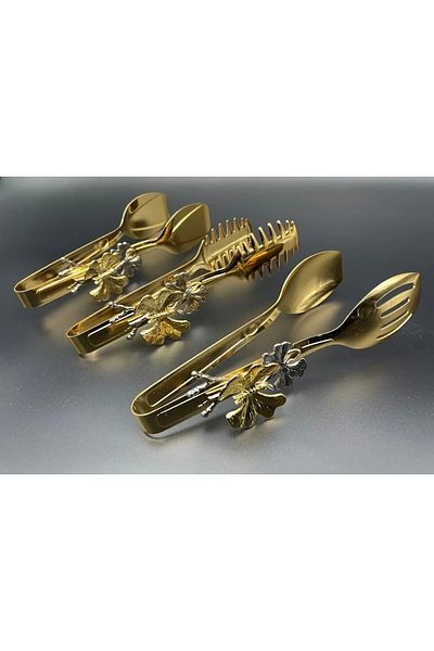 Fiyakalı Ürünler Gold Metal Salad, Pasta, Cake Serving, Presentation, Food, Tongs Set of 3 with Butterfly Accessories
