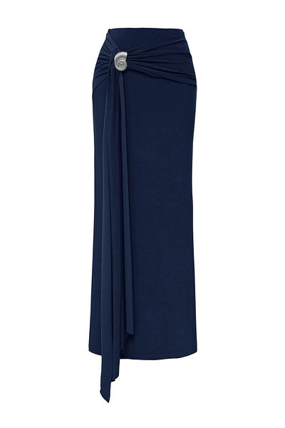 Trendyol Collection Limitierte Auflage, marineblauer, figurbetonter, gestrickter langer Rock mit Accessoire-Detail TPRSS25ET00004
