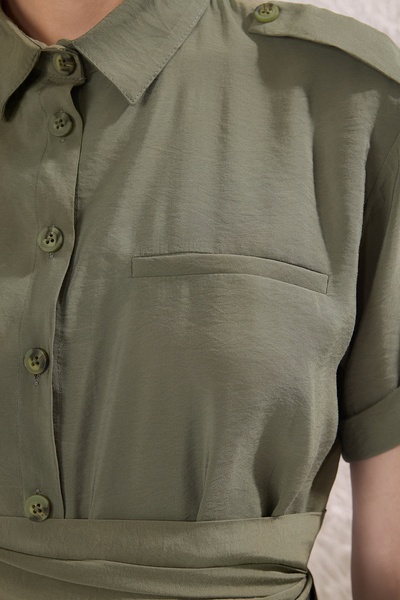 Trendyol Collection Khaki Waist Belt Detailed Modal Fitted Shirt Twoss25Go00166