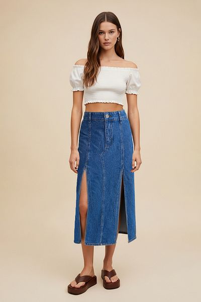 Trendyol Collection Fusta midi din denim cu cusături cu fante albastru închis TWOSS25ET00001