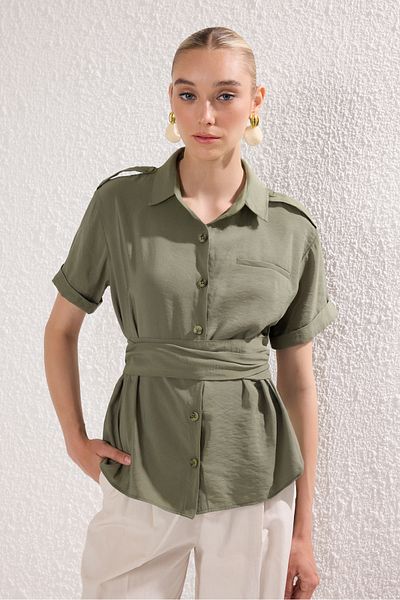 Trendyol Collection Khaki Waist Belt Detailed Fitted Shirt Twoss25Go00166