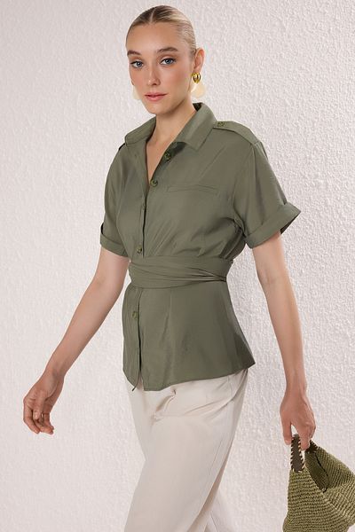 Trendyol Collection Khaki Waist Belt Detailed Fitted Shirt Twoss25Go00166