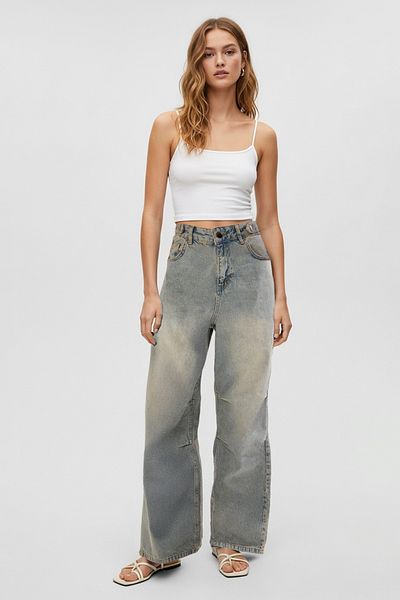 Trendyol Collection Blugi largi Skater cu talie înaltă cu efect pale și cusături albastre TWOSS25JE00184