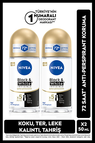 NIVEA Kadın Roll-on Deodorant Black&White Invisible İpeksi Pürüzsüzlük 50ml, 72 Saat Koruma, X2 Adet