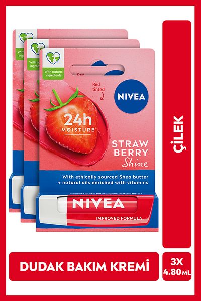 NIVEA Lip Care Cream and Lip Gloss 4.8Gr, Strawberry Fragrance, 24 Hour Moisture, Light Red Radiance, X3 Pieces