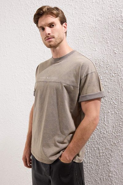 Trendyol Collection Anthracite Oversize T-Shirt 100% Cotton Faded Effect Text Print