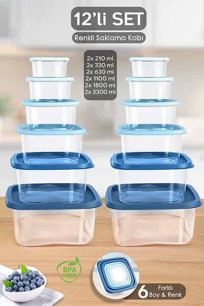 Meleni Home Set of 12 Square Food Storage Containers - Deep Freezer Microwave Compatible Storage Container Blue