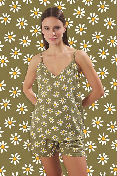 Trendyol Collection Green-Multicolor 100% Cotton Floral Heart Shorts Knitted Pajamas Set Thmss25Pt00121