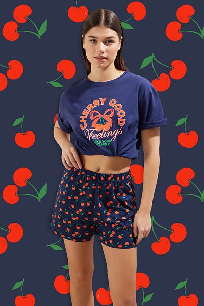 Trendyol Collection Navy Blue 100% Cotton Cherry Pattern Shorts Knitted Pajamas Set Thmss25Pt00101
