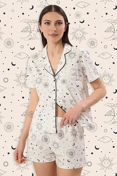 Trendyol Collection Ecru Cotton Galaxy Patterned Pajama Set - Thmss25Pt00373