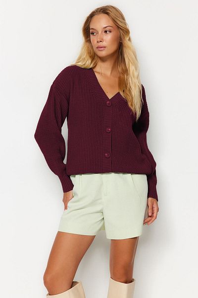 Trendyol Collection Claret Red Couple Basic V-Neck Knitwear Cardigan Twoaw24Hi00383