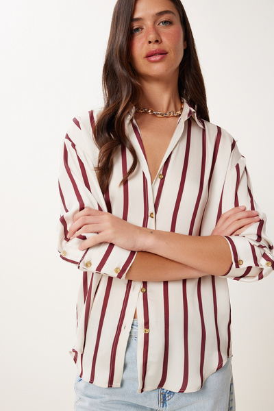Happiness İstanbul Cămașă de damă din satin cu dungi crem bordeaux MX00070
