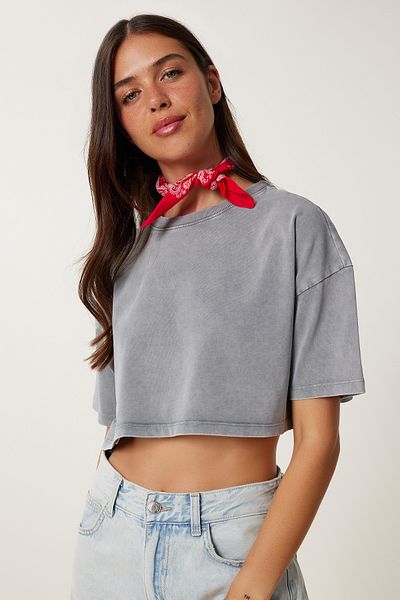 Happiness İstanbul Damen-T-Shirt aus Baumwolle mit geräuchertem, verblasstem Effekt, kurz geschnitten, BF00105