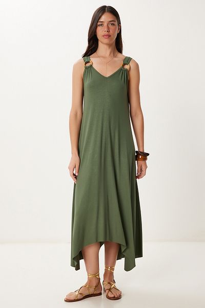Happiness İstanbul Damen Khaki Ring Detaillierte Sommer Viskose Strickkleid EN00645