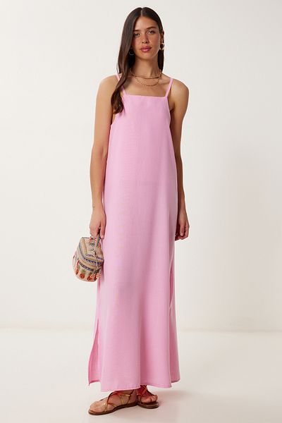 Happiness İstanbul Women's Pink Strap Summer Linen Dress Dz00129