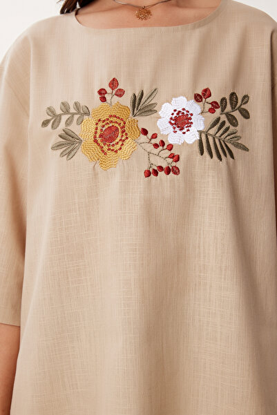 Happiness İstanbul Dámská béžová květinová vyšívaná letní lněná halenka FI00002