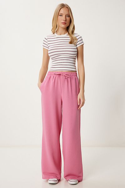 Happiness İstanbul Women's Pink Wide Leg Linen Trousers Dp00261