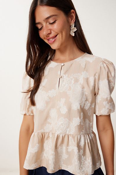 Happiness İstanbul Women's Beige Patterned Flounced Linen Blended Blouse Mx00202