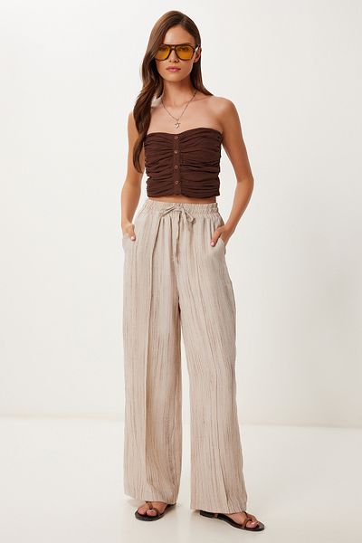 Happiness İstanbul Women's Beige Patterned Textured Linen Blended Palazzo Pants Mx00209