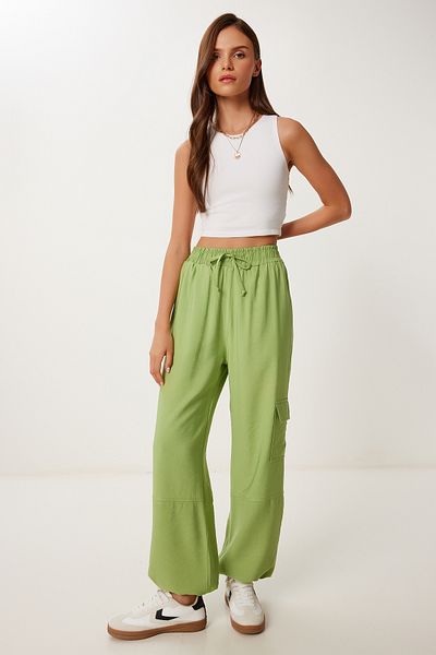 Happiness İstanbul Women's Pistachio Green Pocket Linen Cargo Pants Mx00212