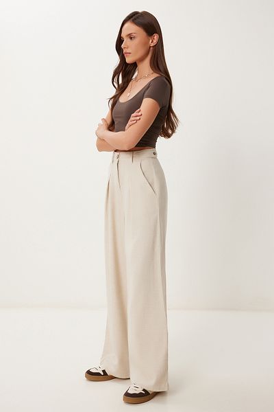 Happiness İstanbul Women's Cream Linen Blend Wide Leg Pants Mx00211