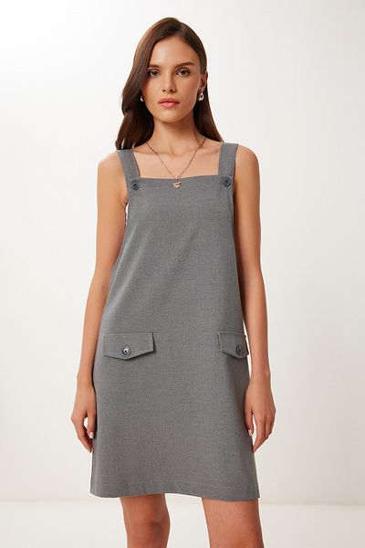 Happiness İstanbul Anthrazitfarbenes Mini-Web-Salopet-Kleid für Damen MX00208