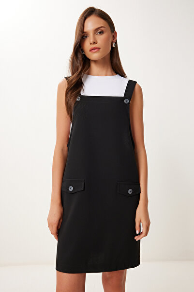 Happiness İstanbul Women's Black Mini Woven Salopet Dress Mx00208