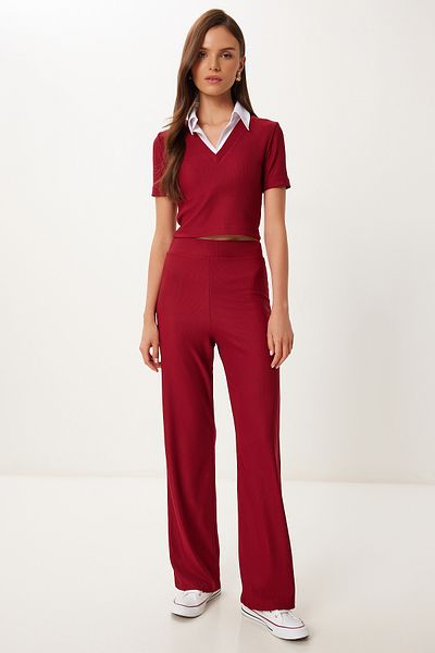 Happiness İstanbul Burgunderroter Polo-Kragen für Damen, dehnbarer, gerippter Strickanzug ZH00054