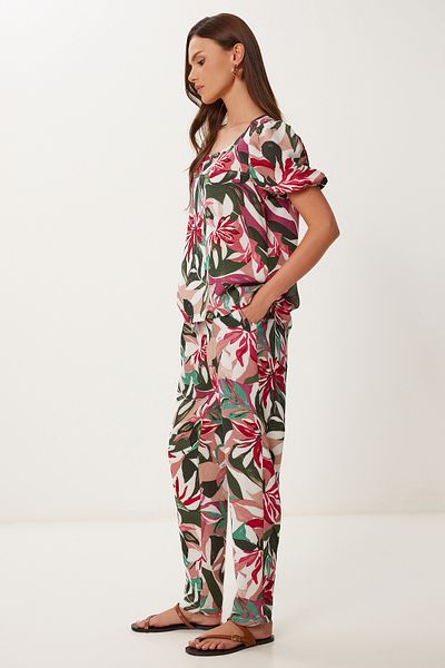 Happiness İstanbul Damen-Blusenhosen-Set aus gemustertem Leinen in Khaki und Rosa Fİ00001