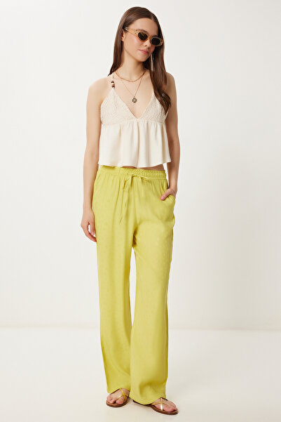 Happiness İstanbul Γυναικείο καλοκαιρινό παντελόνι βισκόζης με πράσινο λαδιό σχέδιο WF00110