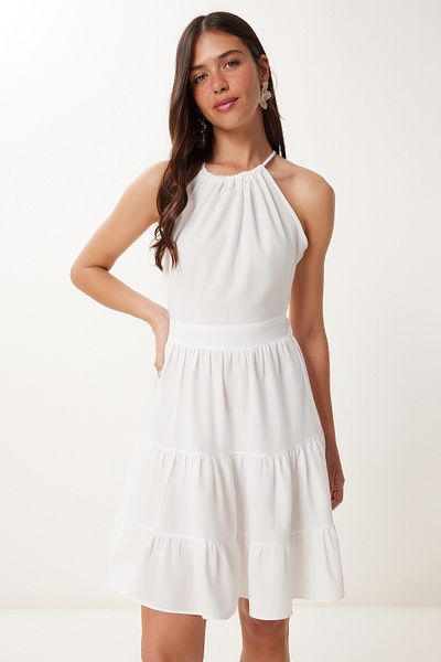 Happiness İstanbul Women's White Linen Blend Light See-Through Summer Knitted Dress Gx00010