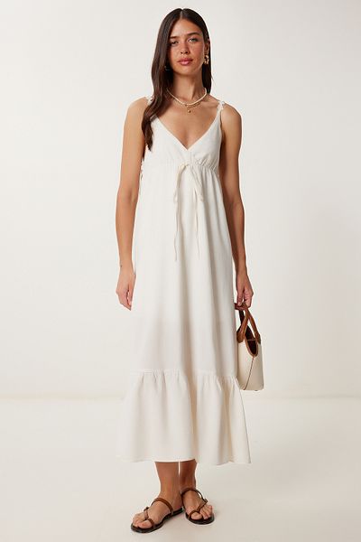 Happiness İstanbul Women's Stone Strap Flounced Summer Linen Dress Rg00066